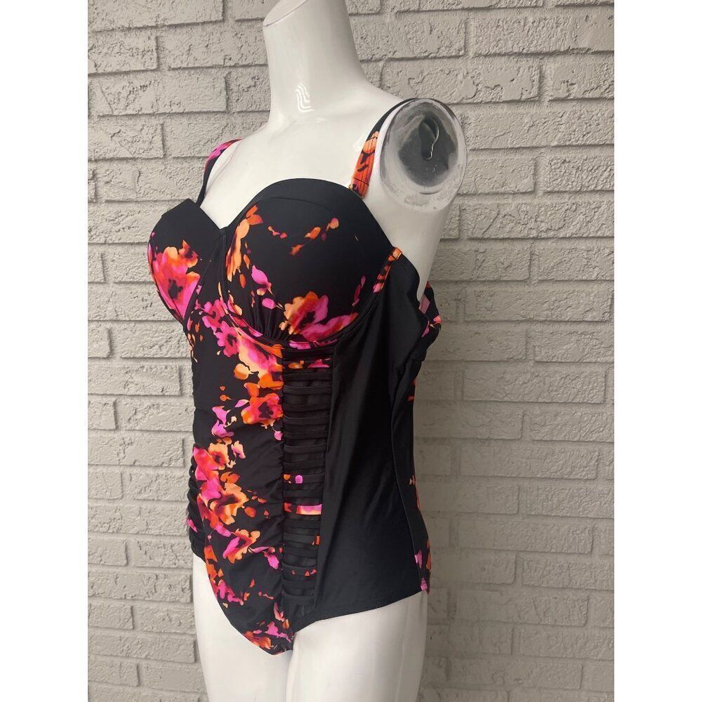 Women Black Floral Print Cut-Out Back One Piece Swimsuit Size XL NWOT - Picture 4 of 8